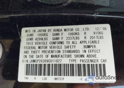 2009 Honda Accord 2.4 Lx из США, поврежденный, VIN JHMCP26369C011827